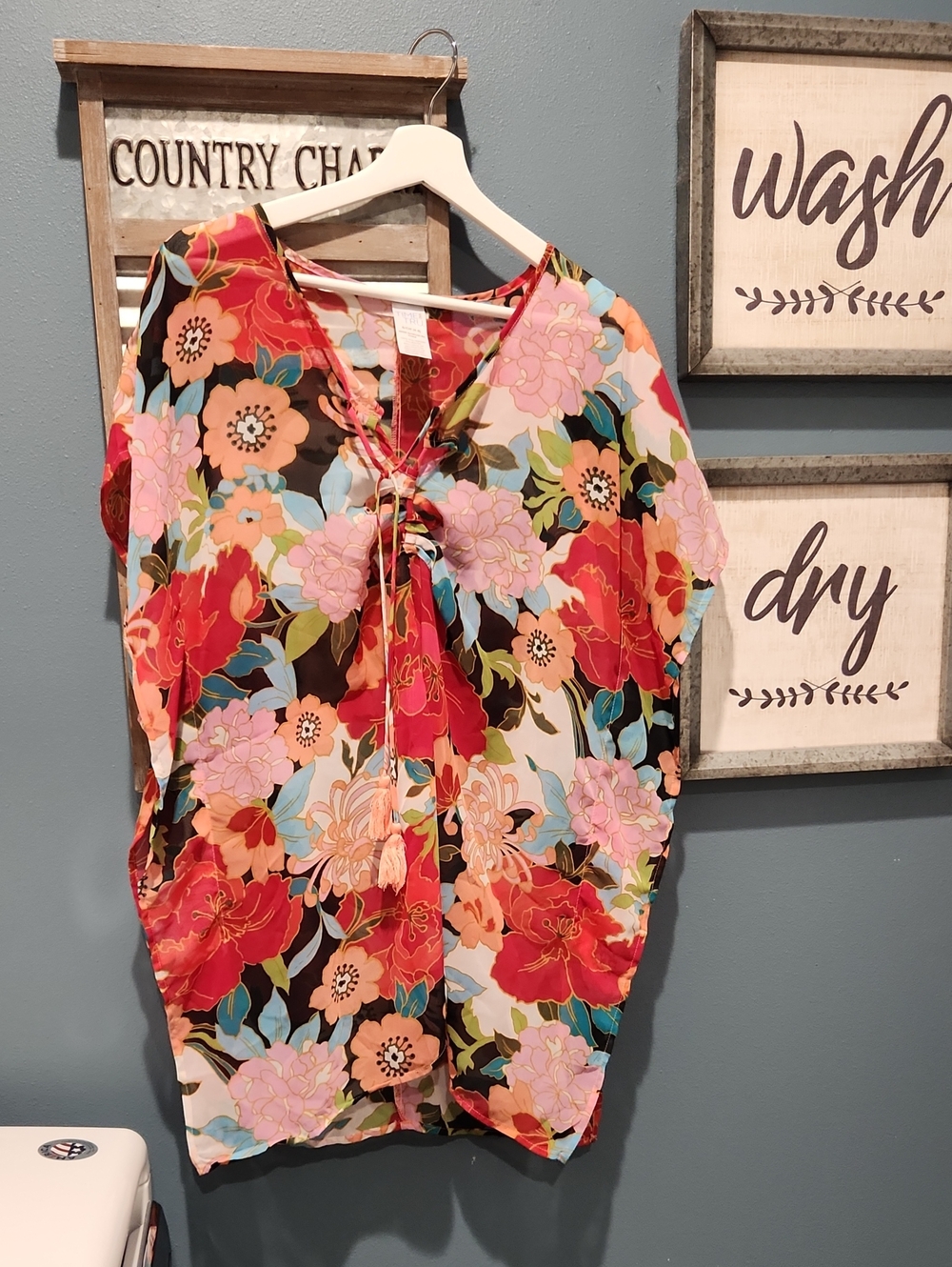 Time and Tru Floral Tie-Front Swim Coverup - Red Multi